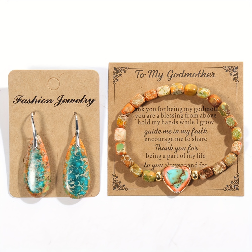 Boho Stone Beaded Jewelry Set Heart Teardrop Earrings Bracelet Gift for Mother